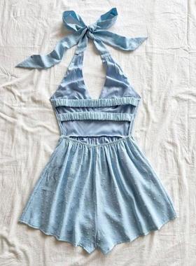 2026秋冬跨境外贸新款 Overalls 蓝色纹理度假连体裤布料