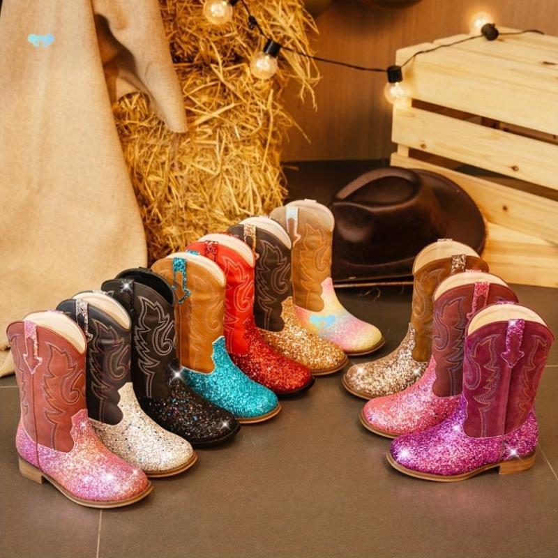 Girls Faion Cowboy Cowgirl Boots Sparkly Ankle Western跨境