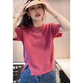 时尚 2024夏季 百搭减龄上衣潮 女薄款 打底衫 开叉纽扣短袖 冰丝针织衫