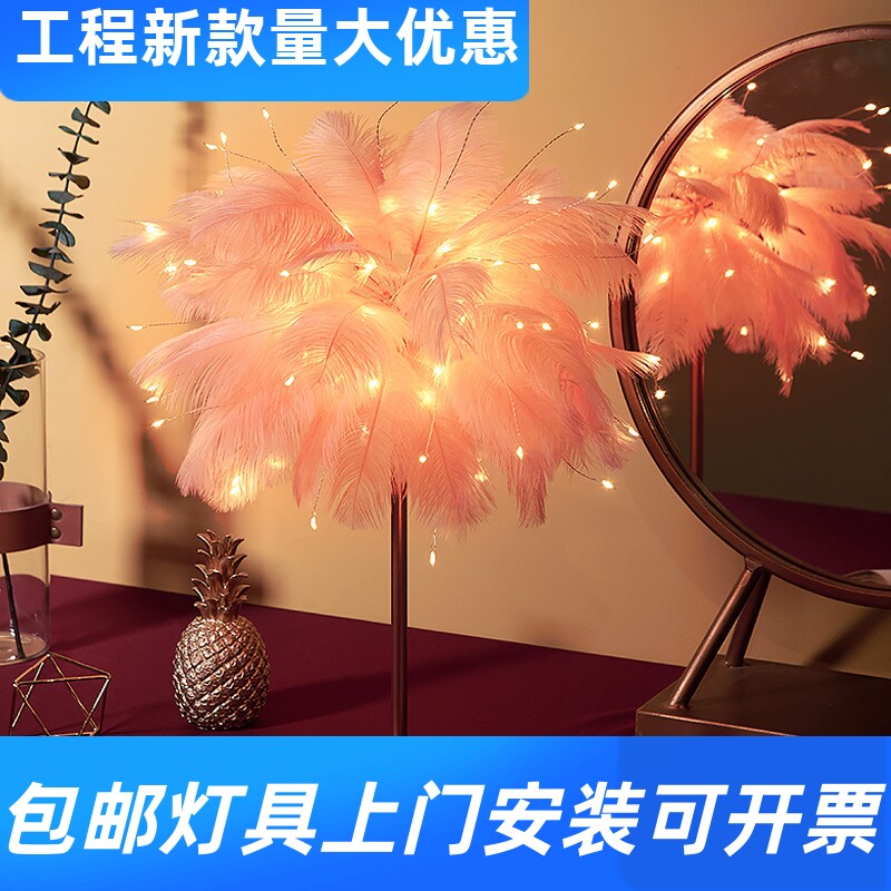 2023新款LED羽毛台灯网红少女房间浪漫装饰灯卧室床头遥控小工厂