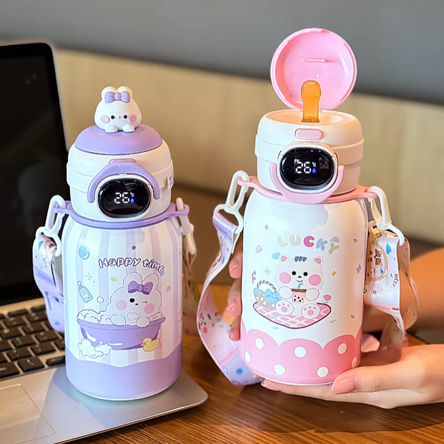 幼儿园水杯智能显温儿童保温杯女孩可爱学生上学专用便携吸管杯子