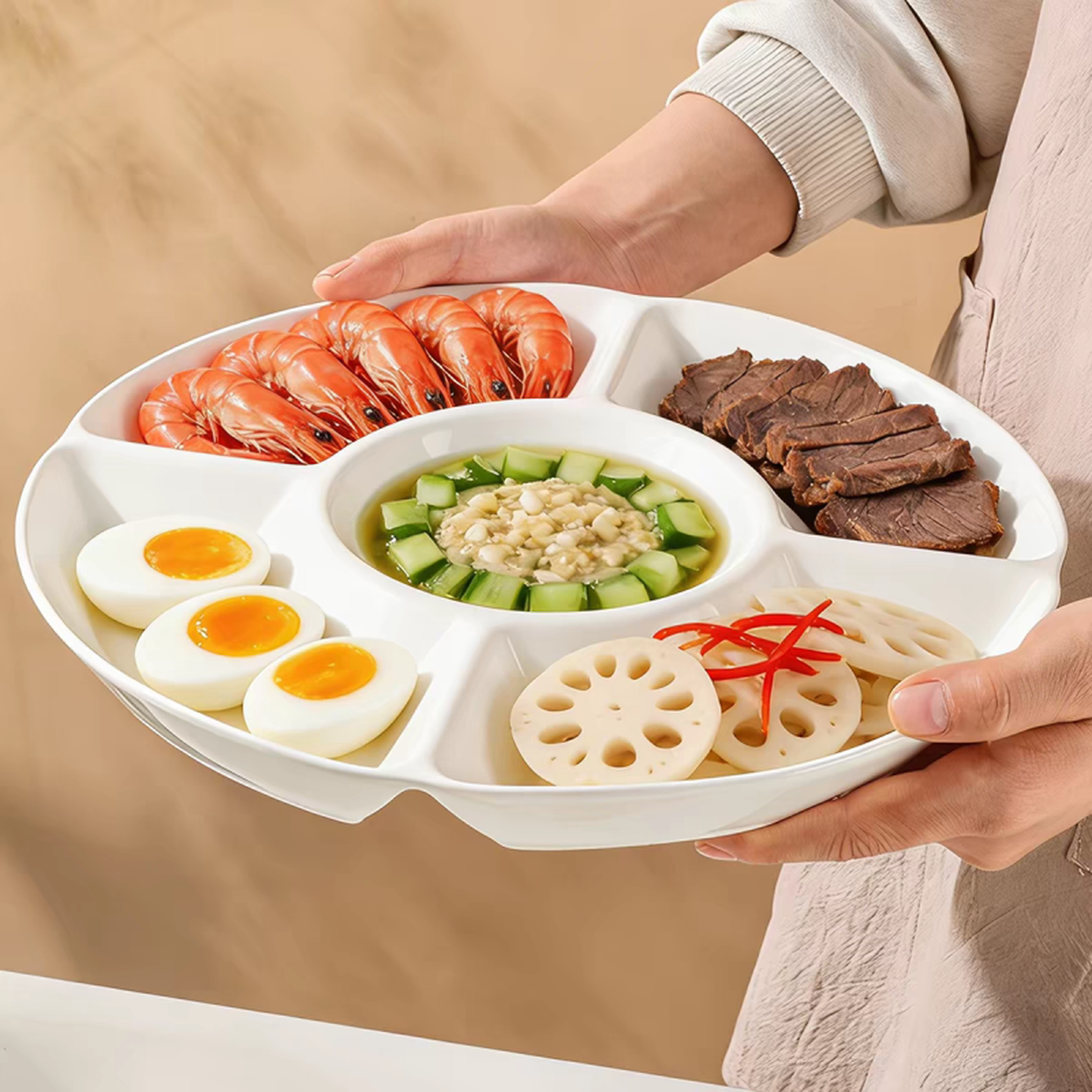 可蒸分格餐盘五福盘陶瓷盘子减脂分餐盘五格圆盘卤水点心水果盘蒸
