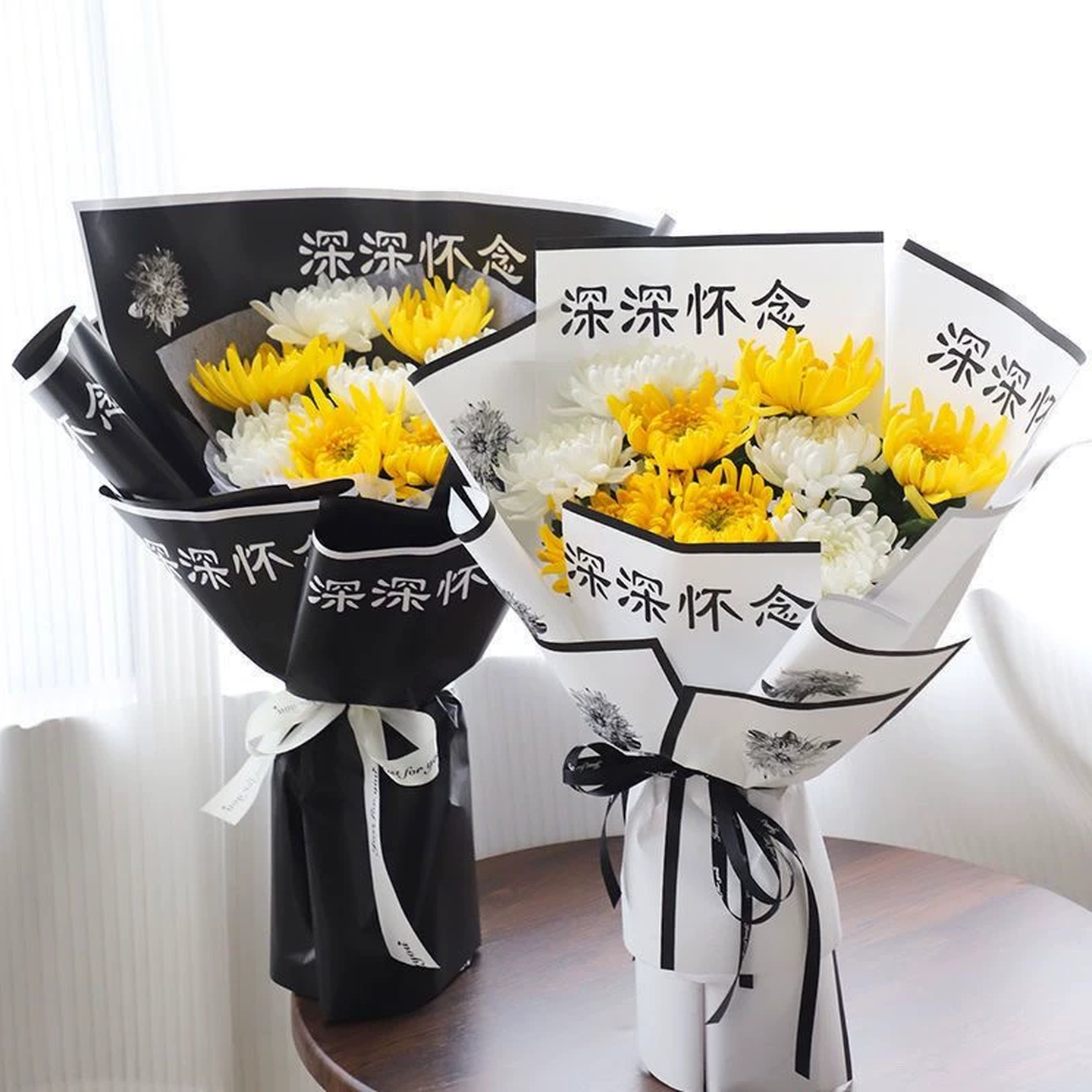 清明节花束包装纸鲜花菊花花束防水包装纸扫墓黑白色祭奠鲜花材料