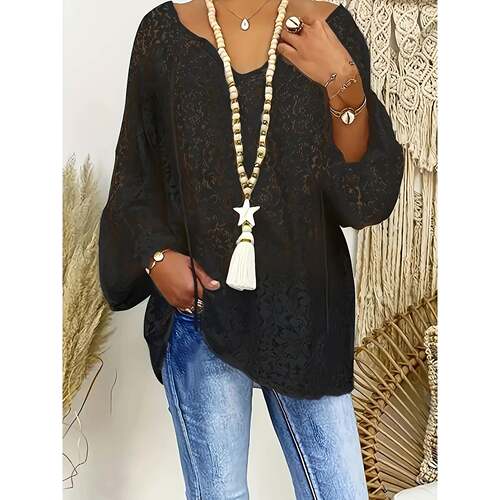I 11099 White Hollow Lace V Neck Loose Long Sleeve Top 白色