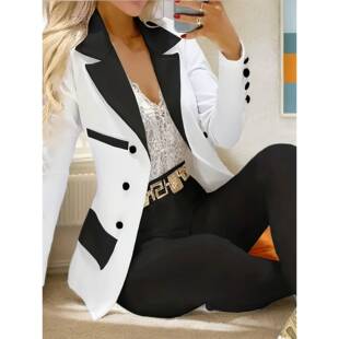I 13566 Color block straight leg suit set 拼色直筒西装两件套