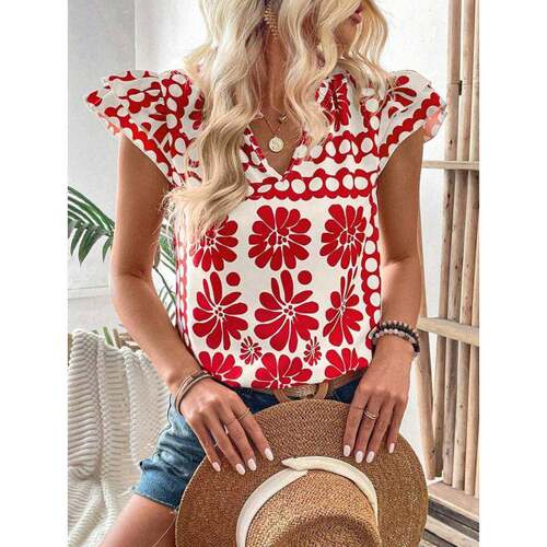 H 66275 Printed V-neck Loose Top 印花 V 领宽松上衣跨境外