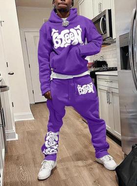 跨境n's Faion hooded bell bottom pants set in purple