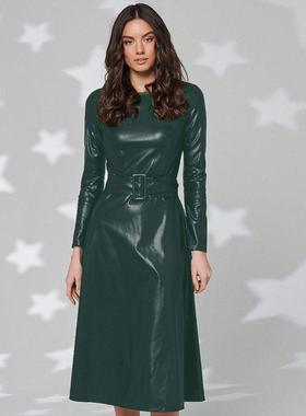 New Faion Belt Faux Leather Dresses Women Long Sleeve Sli