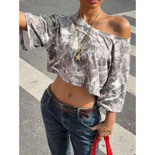 H 58096 Off-shoulder Print Crop Top 露肩印花露脐上衣跨境