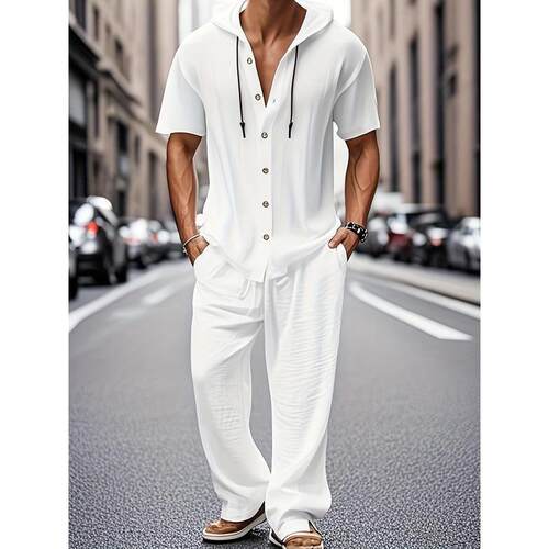 H 56670 Casual Hooded Linen Short Sleeve Pants Set 休闲连帽