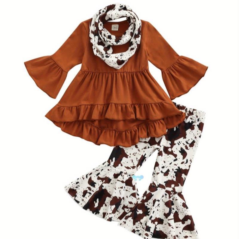 Kid Girl 3pcs Su Long Ruffle Sleeve A Lined Tops Wide Leg