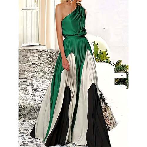 I 11959 Color Block Off Shoulder Dress 拼接露肩连衣裙