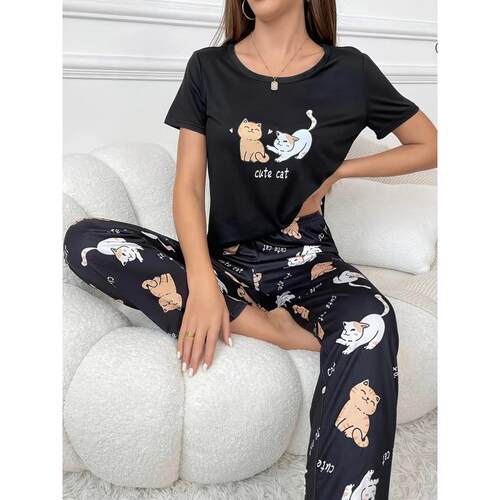 H 42501 Printed Round Neck T Shirt Pants Set 印花睡衣套装