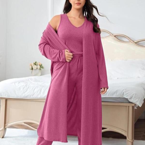 Plus Size Solid V Neck Tank Top & Elastic Waist Pants & Open