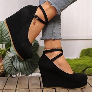 跨境Elegant Women's Black Wedge Heels Comfortable Thick Sole