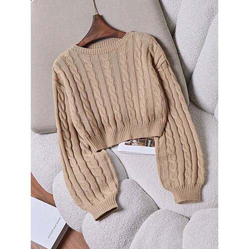 H 40359 Knit Cable Crop Sweater 针织麻花纹短款毛衣跨境外