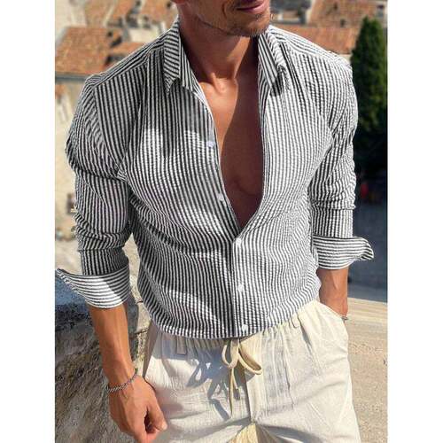 H 92551 Striped Lapel Long Sleeve Shirt 条纹翻领开衫衬衫