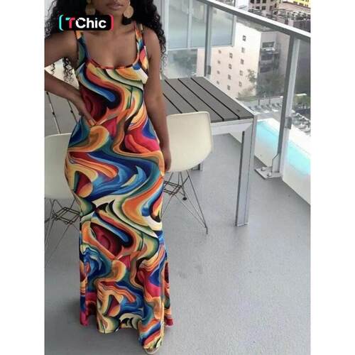 H 52494 Wave Print Long Dress 印花波浪纹连衣裙