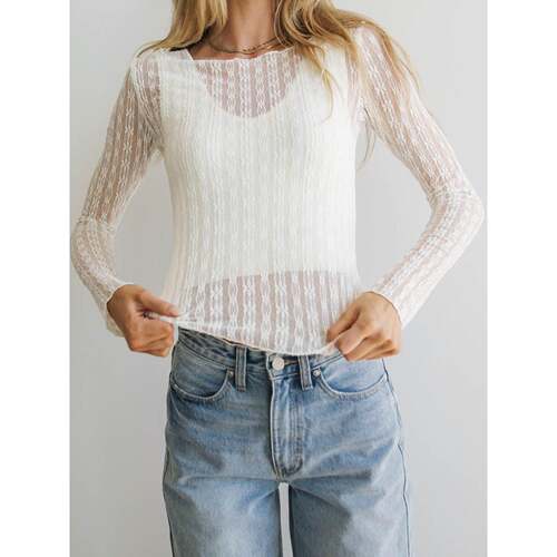 I 13037 Sheer Lace Long Sleeve Top 一字领蕾丝上衣