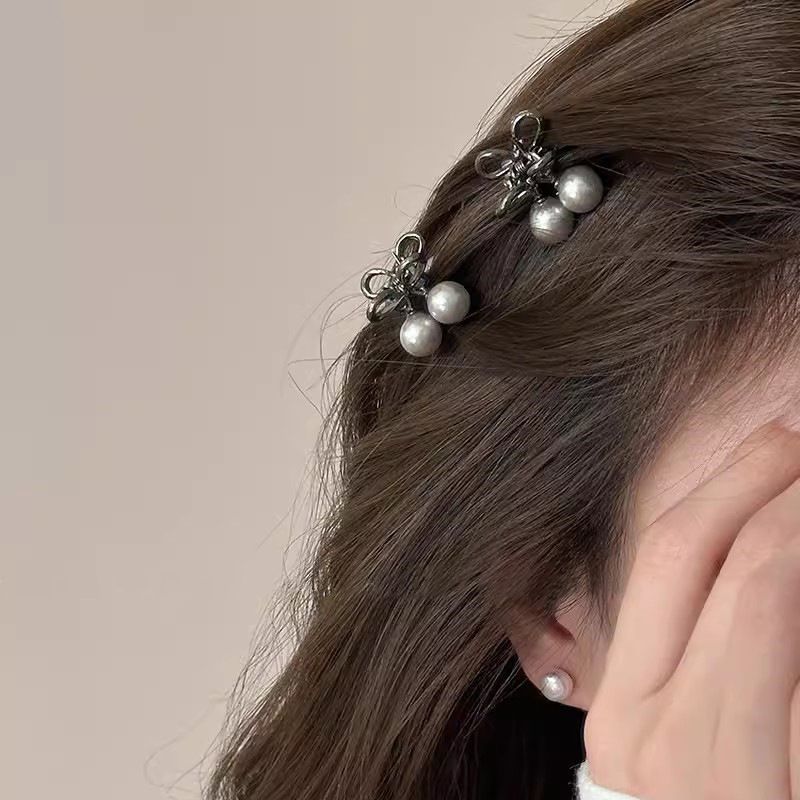 韩系侧边小夹子灰色樱桃珍珠小抓夹女2024新款感发夹前额刘海夹侧