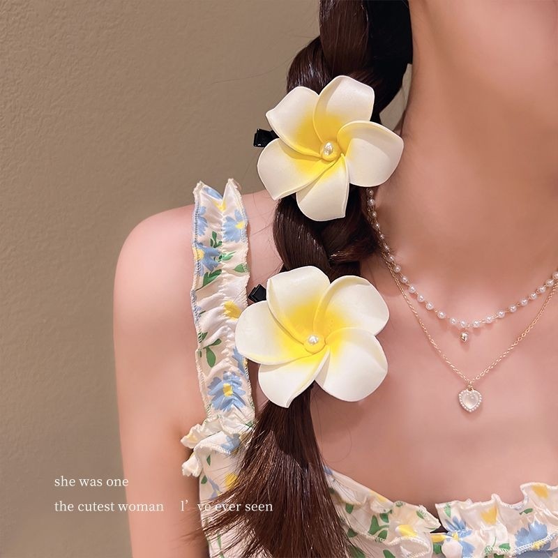 儿童海边发饰夏日可爱鸡蛋花发夹丝带珍珠蝴蝶结发卡女网红小清新