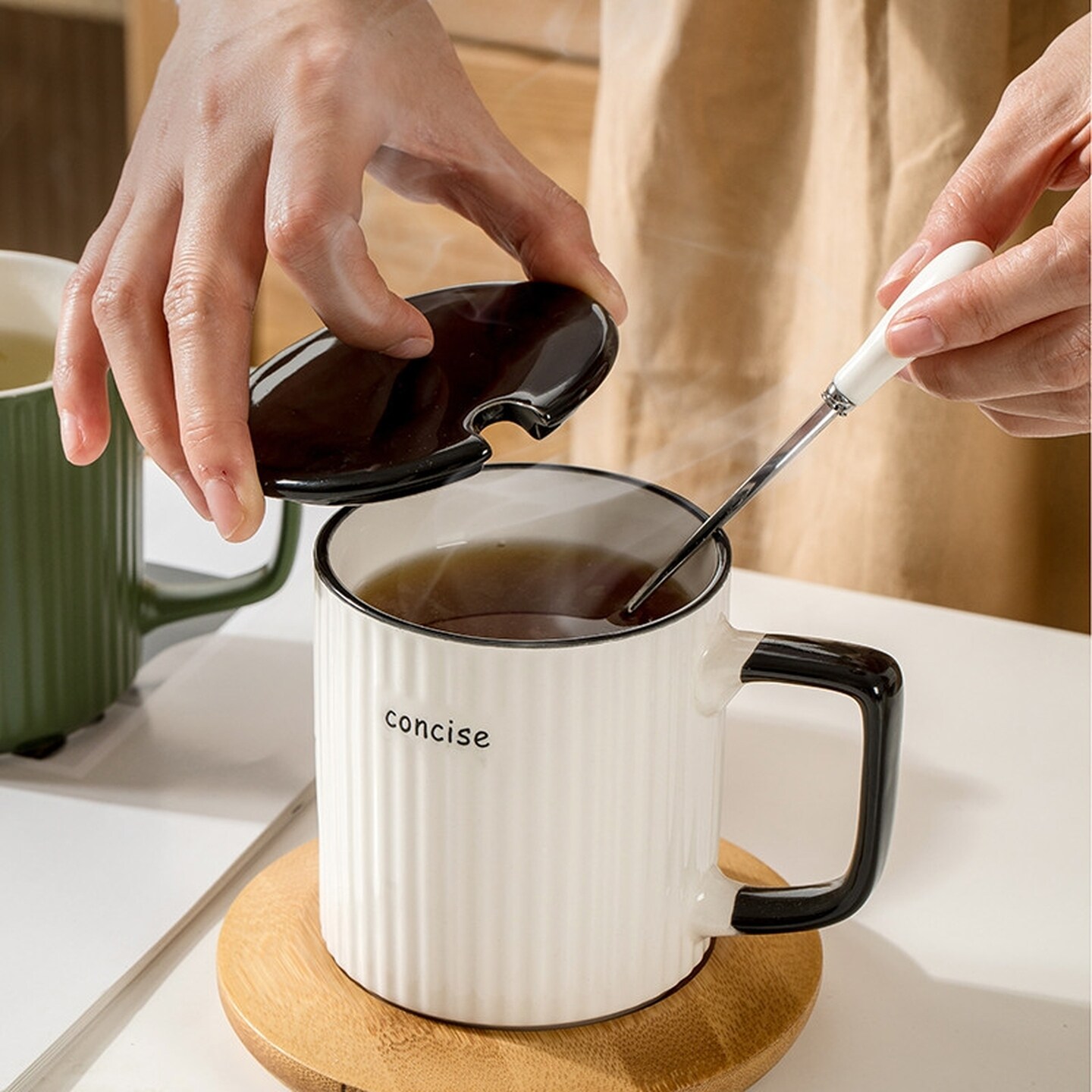 竖条纹马克杯带盖勺咖啡茶杯男家用办公室情侣陶瓷喝水杯子女学生