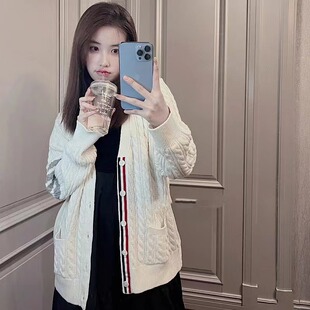 TUMA TB粗线四条杠绞花针织开衫外套宽松百搭休闲V领针织衫毛衣潮