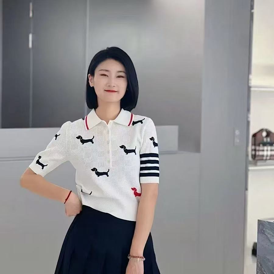 TB镂空小狗条纹短袖polo翻领上衣