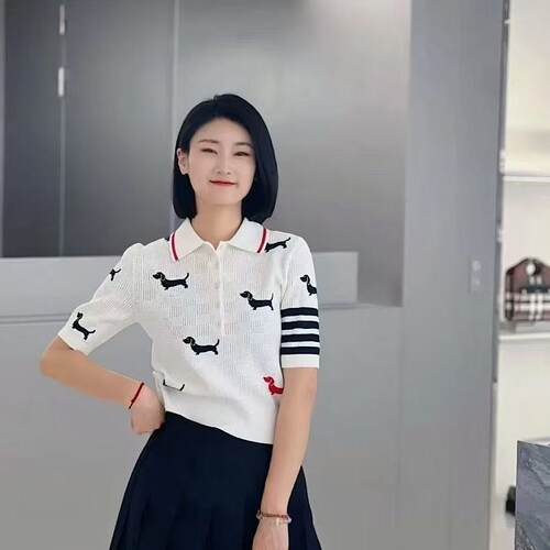 TB镂空小狗条纹短袖polo翻领上衣