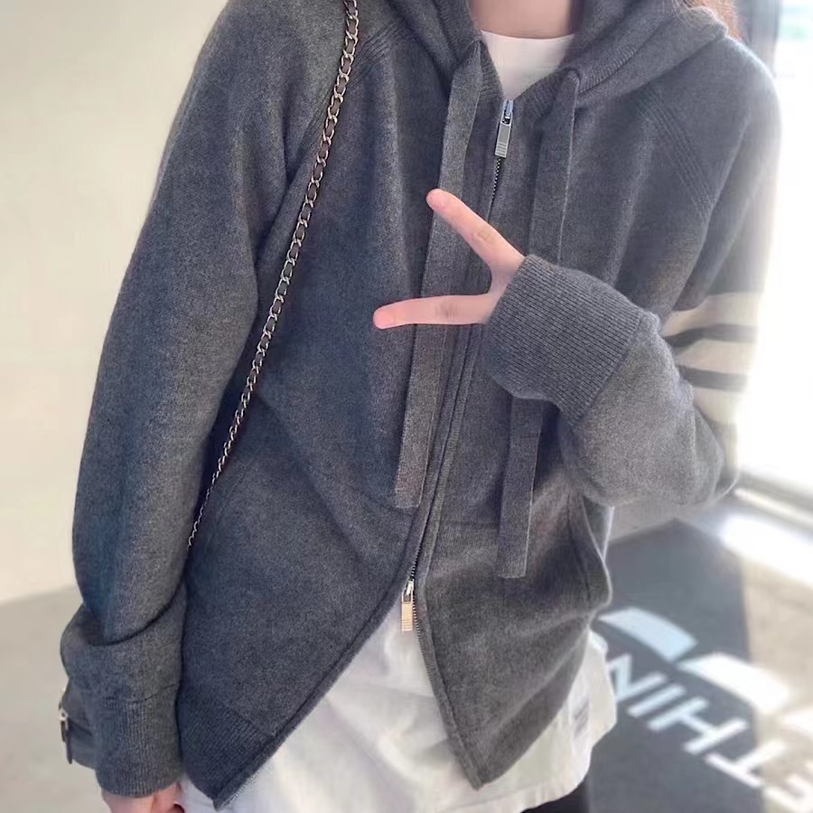 TB四杠羊绒针织连帽卫衣拉链帽衫