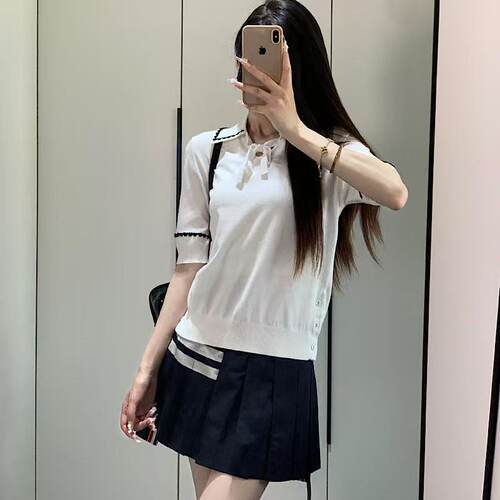 TB夏季系带针织短袖T恤薄款撞色