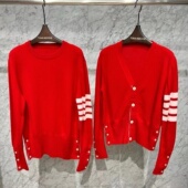 24年TUMA 毛衣 女款 TB本命年新红色四扣四杠羊毛针织开衫 圆领修身