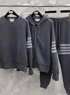 春季款TUMA TB深灰色华夫格圆领卫衣拉链外套宽松休闲四杠长裤