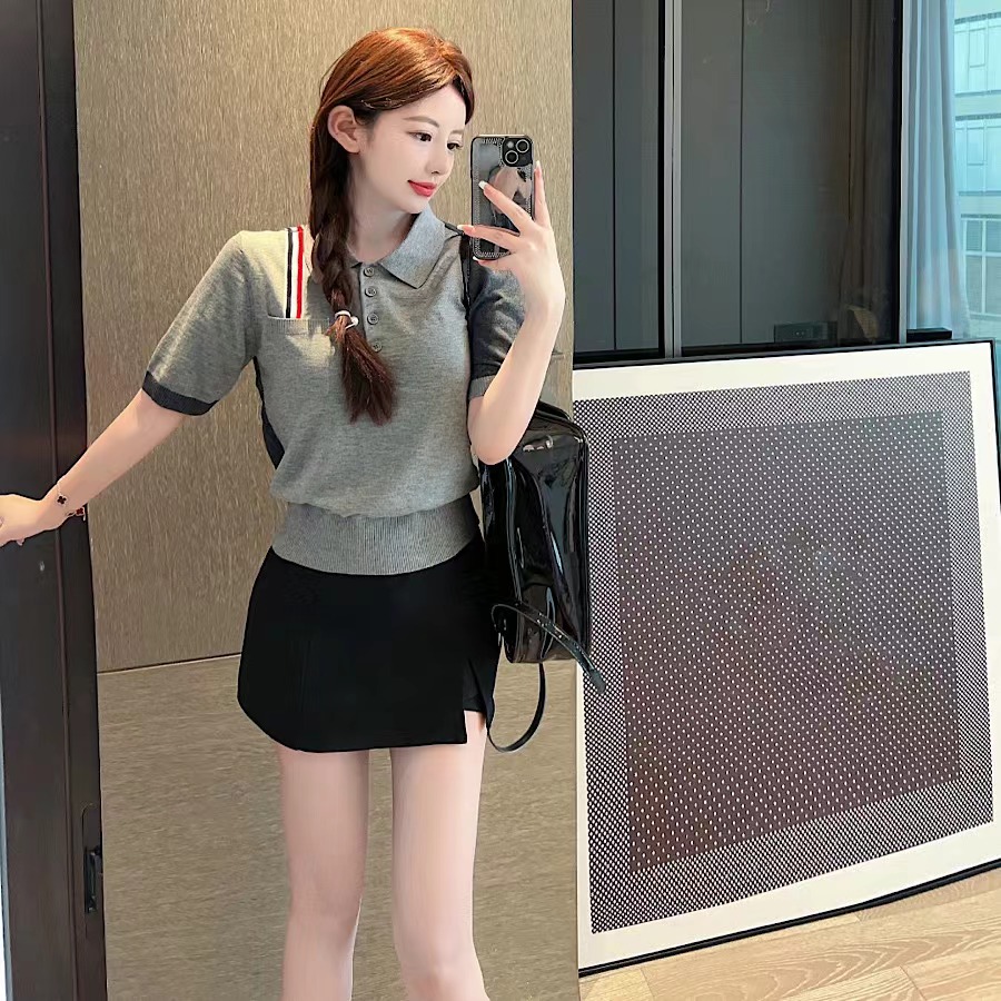 夏季新款TUMA TB翻领针织衫口袋彩条学院风休闲时尚polo衫四杠女