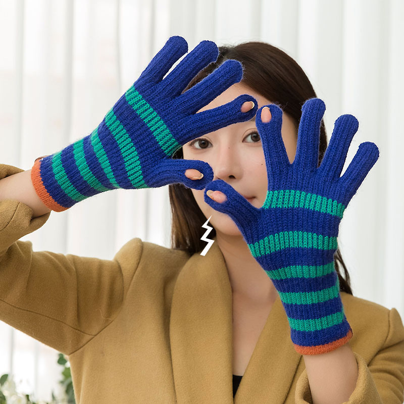 露指头条纹堆堆触屏手套