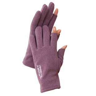 露指手套女秋冬季黑色骑行加绒干活漏二指头德绒保暖学生写字两指