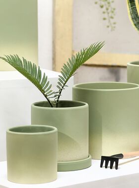 花盆轻奢高级感家用橄榄绿色陶瓷