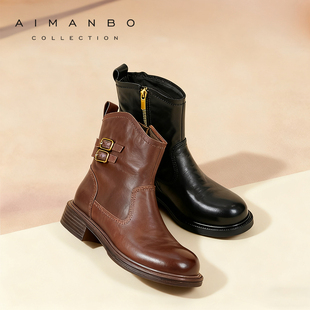 漫步佳人2025冬季新品美拉德切尔西靴女中跟西部靴复古擦色短靴潮