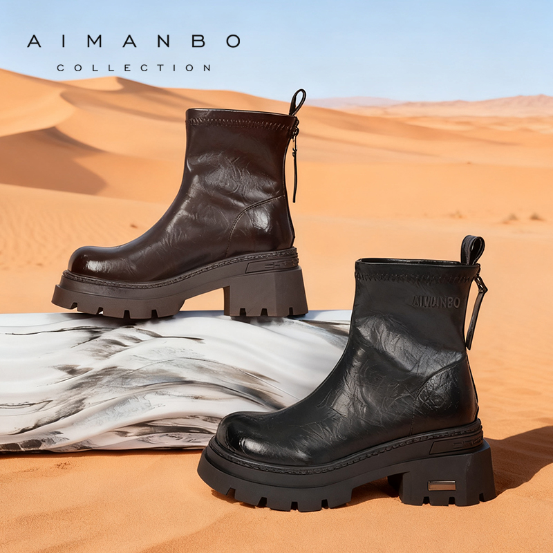 漫步佳人2025冬季新品复古马丁靴女休闲短靴增高后拉链女靴通勤鞋