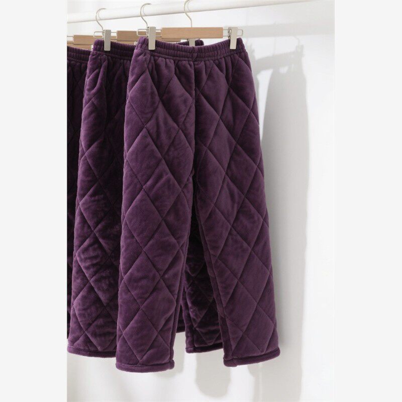 老年人柔软棉裤三层冬季加厚睡裤珊瑚男士女士法兰绒加绒夹棉居家