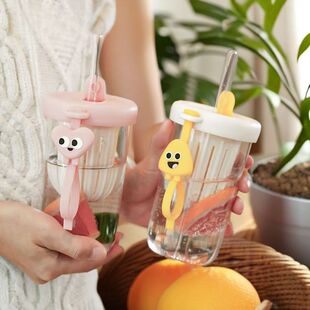 吸管式玻璃杯可爱杯子ins高颜值学生男女玻璃杯茶杯便携水杯上班