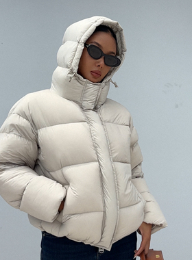 95白鸭绒羽绒服女米白色连帽短款加厚东北面包服保暖棉服外套冬季