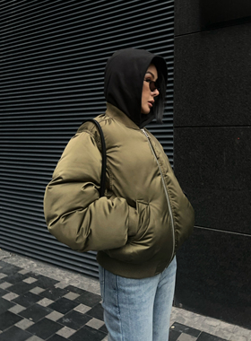 夹克棉服外套男女冬季高级感亮面短款棉袄宽松军绿色加厚保暖显高