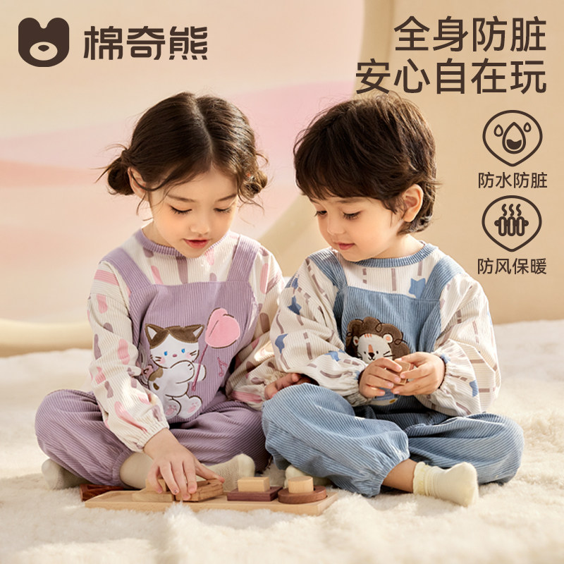 棉奇熊儿童灯芯绒连体罩衣图片