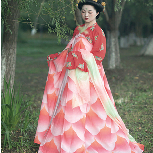青泠谷中唐复原汉服红粉醉鱼波纹裙花瓣裙细窄背带齐胸提花三涧裙