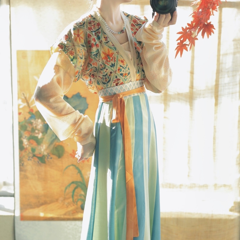 青泠谷苎麻天丝印花夏季唐背子28片交嵛裙唐代汉服