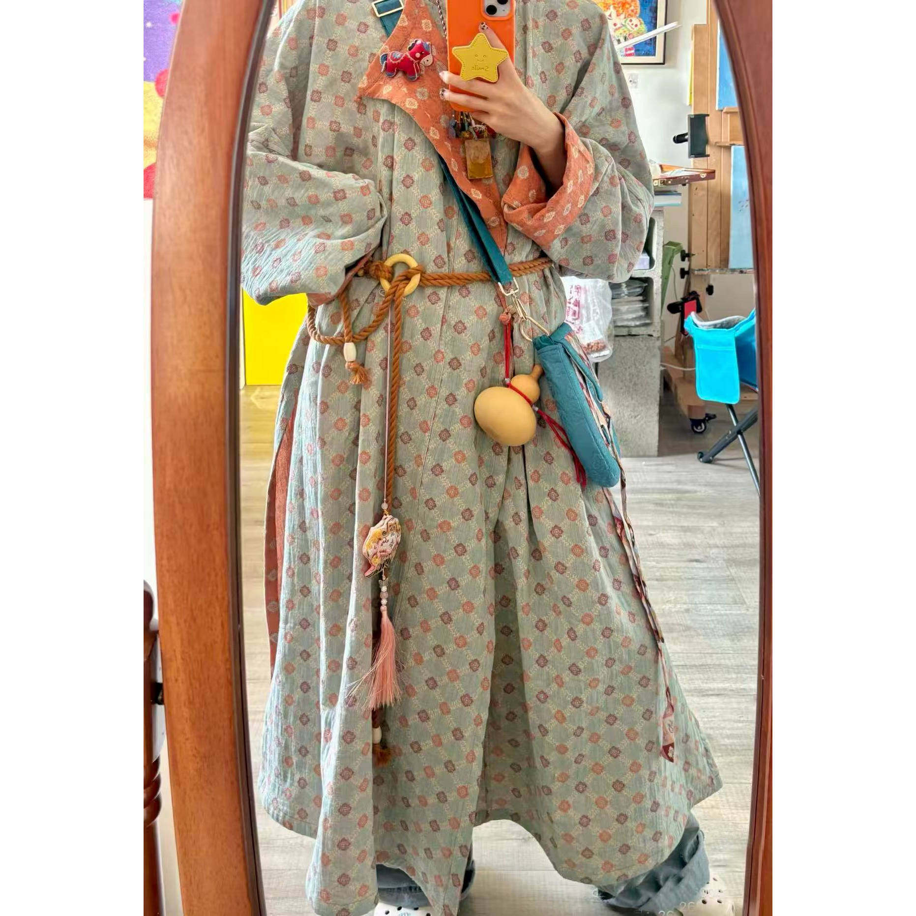 青泠谷原创汉服全棉橘灰蓝双面穿圆领袍