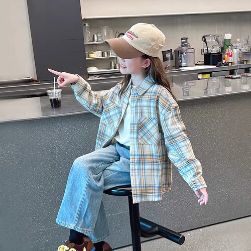 女童春秋格子长袖开衫衬衫新款潮