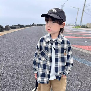 儿童格子衬衫男童衬衣春秋薄款2026新款早春季男宝宝春装长袖外套
