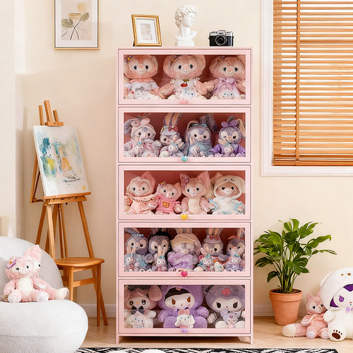 粉色手办展示柜非玻璃门痛柜谷子娃娃储物柜儿童陈列柜盲盒收纳柜